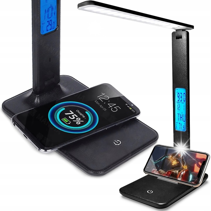 Lampa birou LED Retoo, cu display LCD, 3 culori de lumina, 5 moduri de intensitate, neagra, dimensiuni 17x11,5cm, inaltime 33,5cm