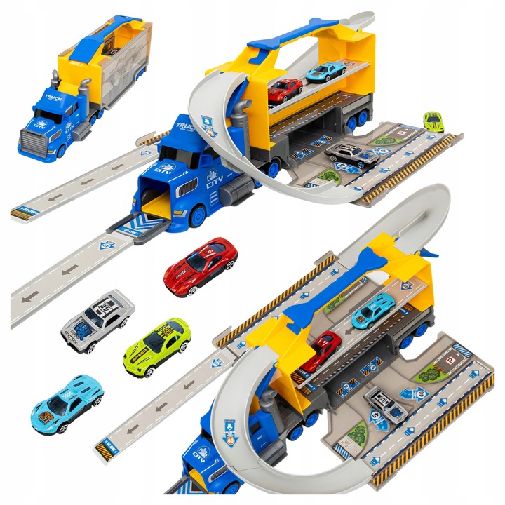 Комплект камион 2в1 с писта и катапулт, click4toys, 4 цветни колички, 86x18x38см