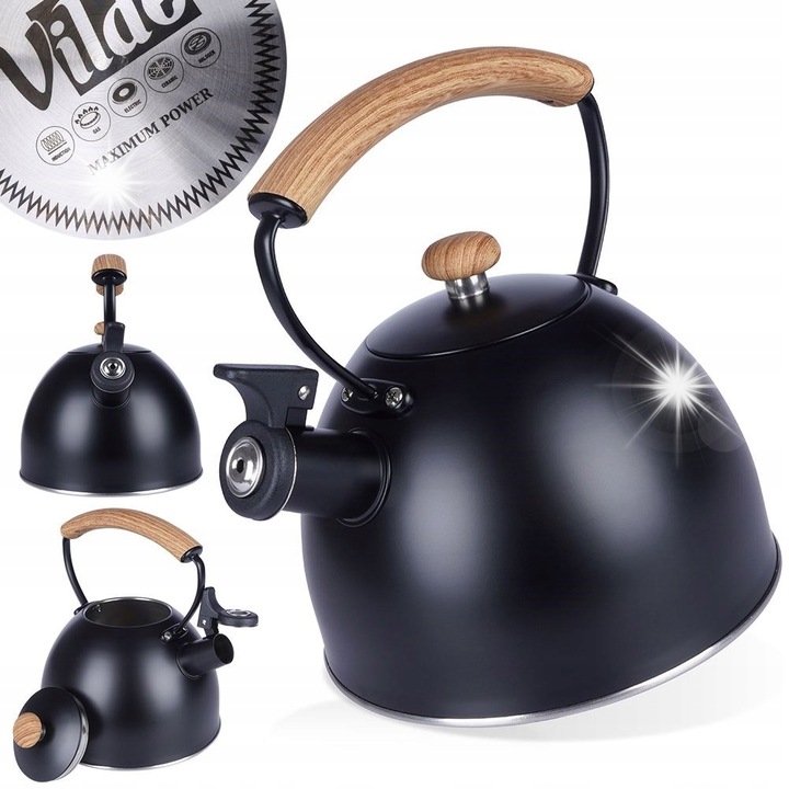 Чайник от неръждаема стомана Vilde, 2,5л, черен, с мека дръжка, за всички видове котло котложки