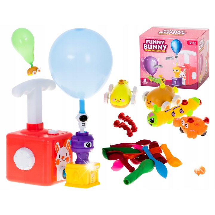 Set jucarii interactive, Ikonka, masina aerodinamica cu lansator de baloane, 12 baloane, 2 masinute, multicolor, dimensiuni lansator 12x11x23cm, masinuta 9,5x7x5cm