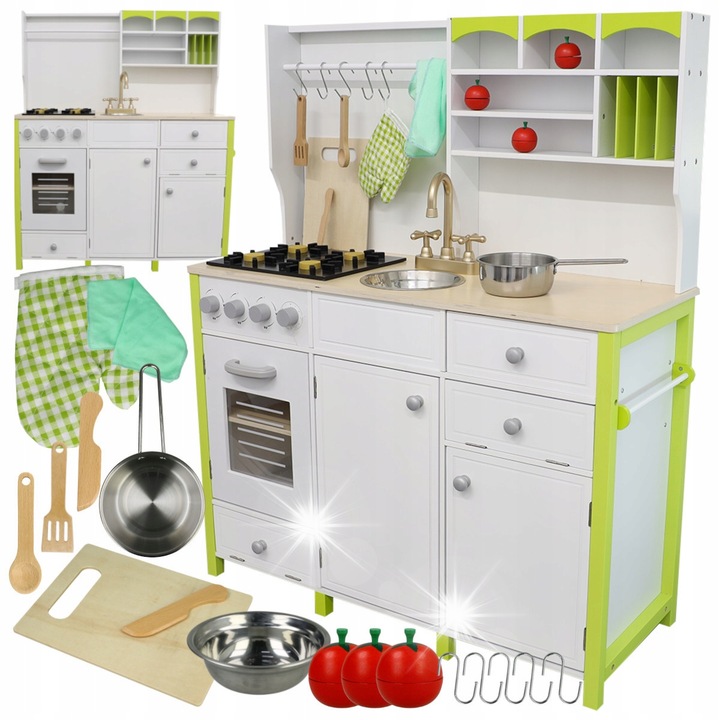 Bucatarie din lemn pentru copii Stator, set cu accesorii, alb-verde, 104,5x84x32,5cm
