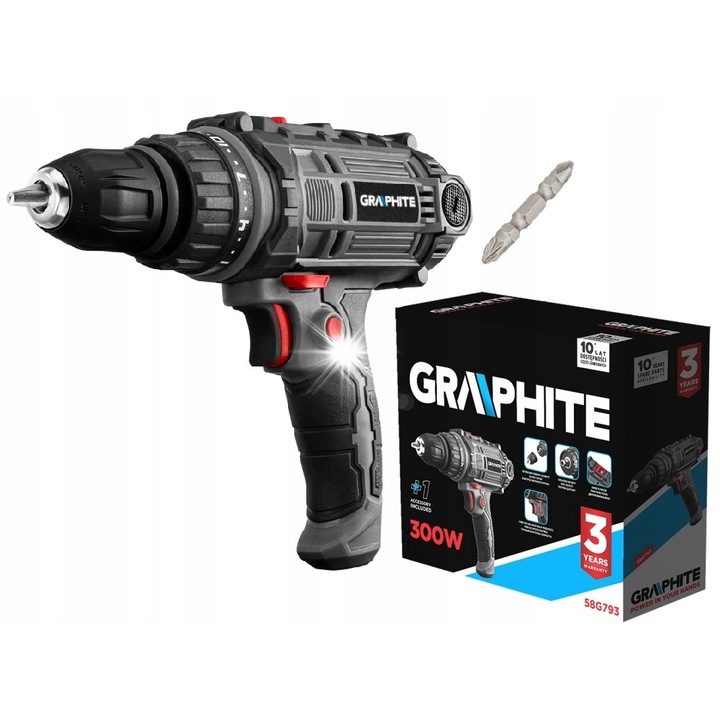 Graphite 58G793 fúró-csavarozó, 300W, 2 sebesség, 10mm, tartozékkészlettel