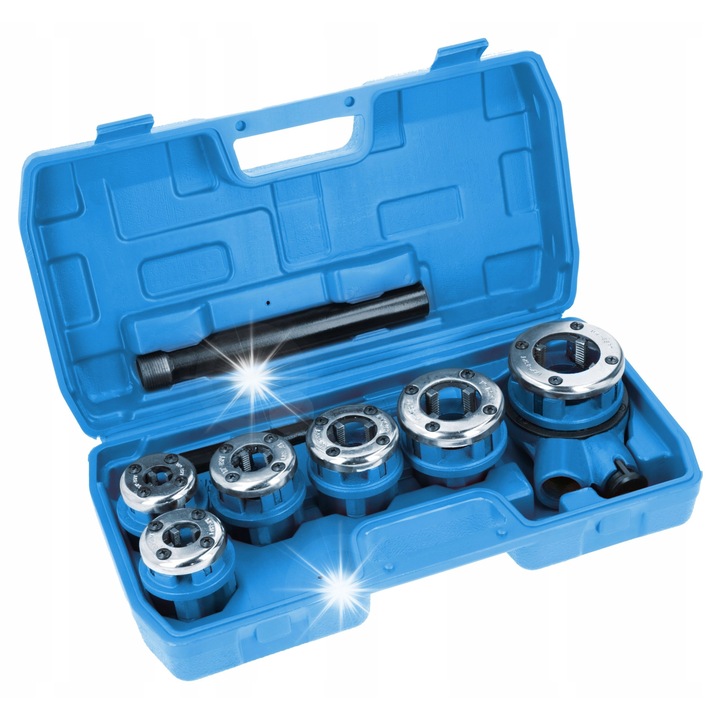 Set scule, Hogert, manuala pentru tevi, 6 capete, 1/4" - 1 1/4", cu maner antiderapant, valiza plastic, albastru