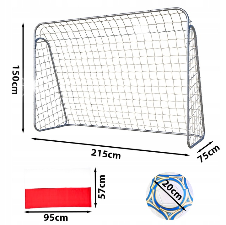 Poarta de fotbal metalica pentru copii, Stator, 215x150x75cm, set complet cu minge si steag Polonia