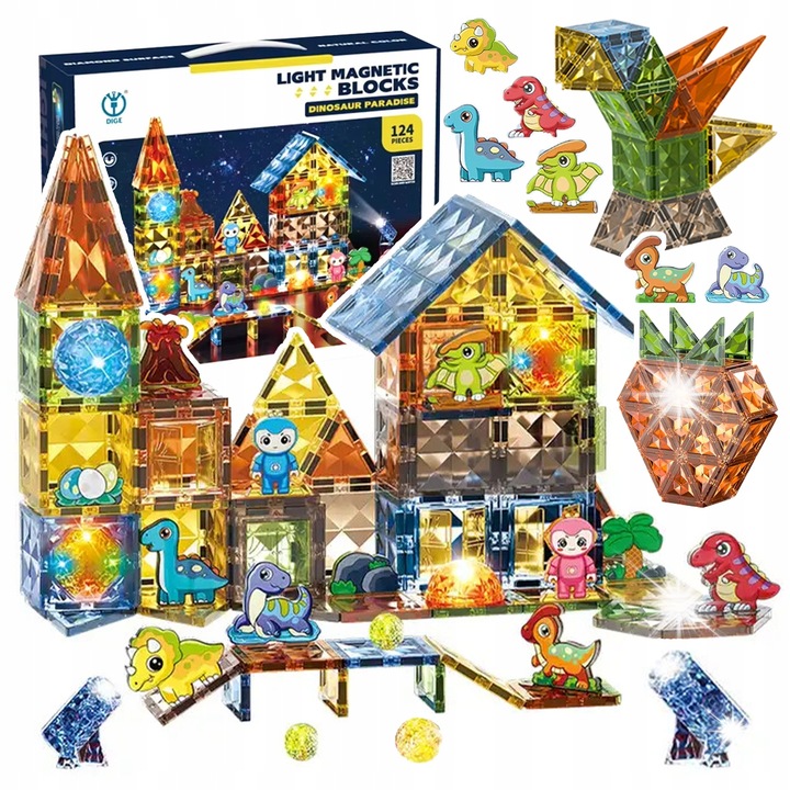Магнитен конструктор Stator, 126 елемента, динозаври, осветление, многоцветен