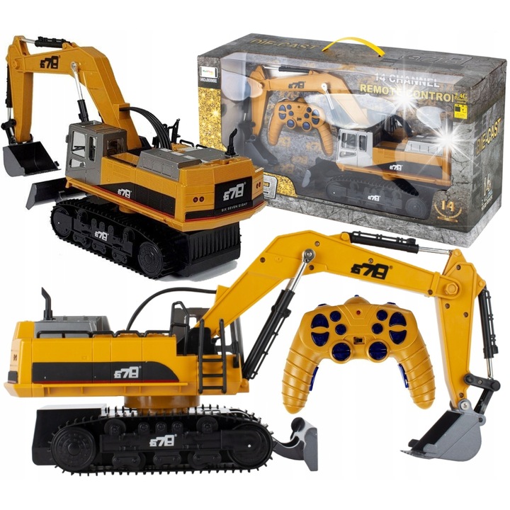 Багер RC Stator, 1:16, със звукови ефекти и LED светлини, жълт цвят, размери 28,5x14,5x36cm, пълен комплект