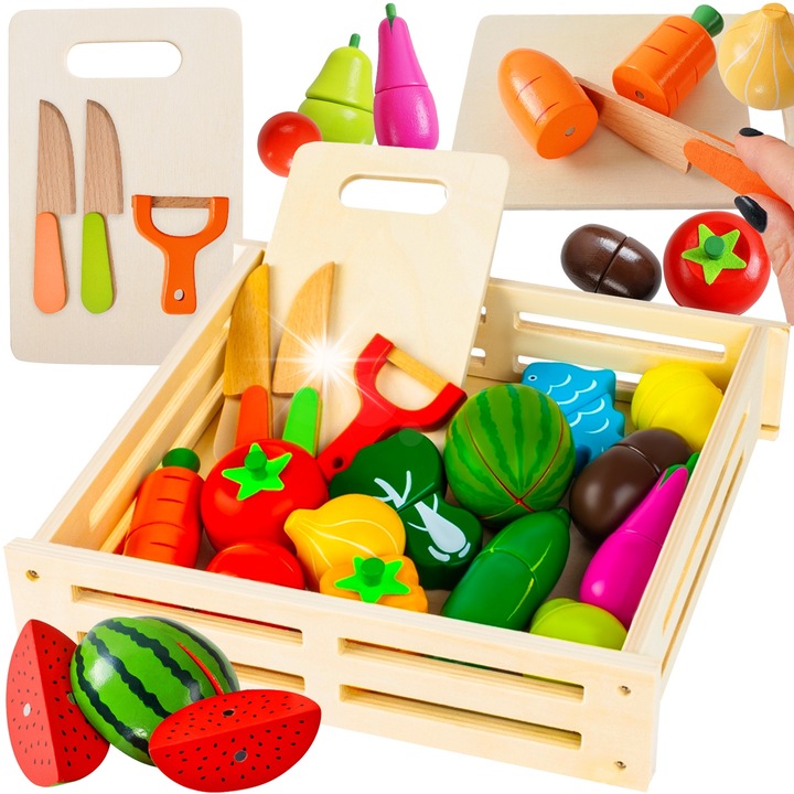 Kruzzel fa zöldség- és gyümölcsvágó készlet, 34 darab, doboz, 2 kés, hámozó utánzat, 23,5x26x6cm, 3+ év