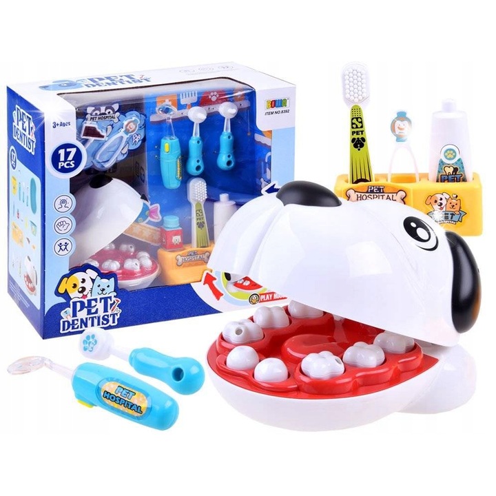 Set joaca doctor, Bowa, dentist pentru caini, 17 accesorii, 17x11x13cm, multicolor