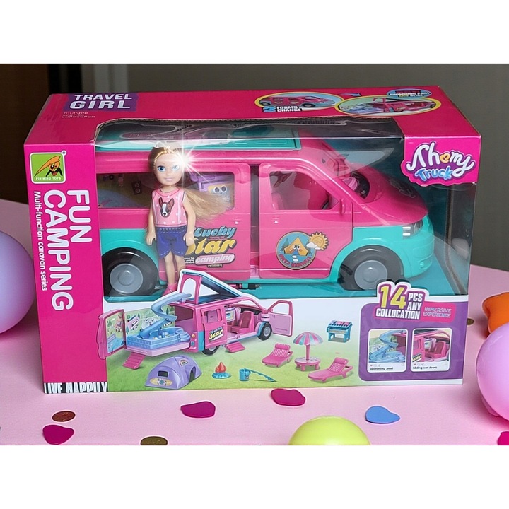 Játékkemping babával, komplett készlet medencével és csúszdával, Ramiz, többszínű, 35x13,5x13,5cm