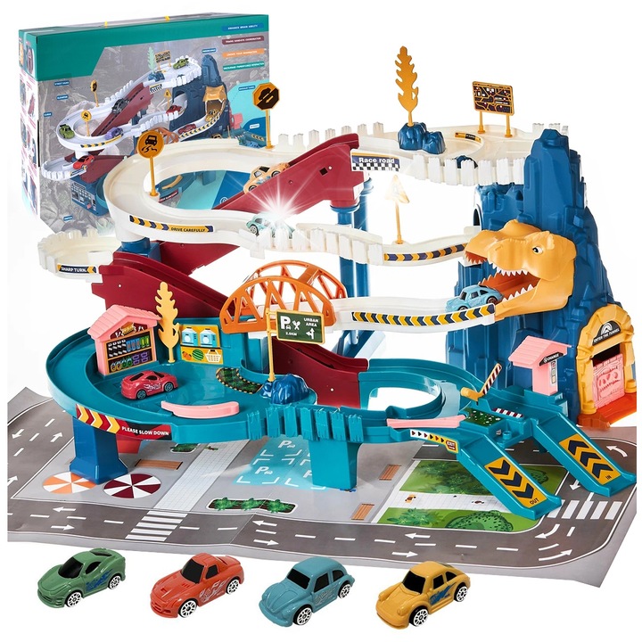 Интерактивен комплект за паркинг с колички, Stator, 6 нива, звукови и светлинни ефекти, 4 цветни колички, 56x36x32см