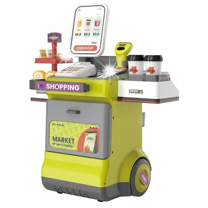 Szupermarket játékszett, álló, mobil, szkennerrel, hanggal, LED-del
