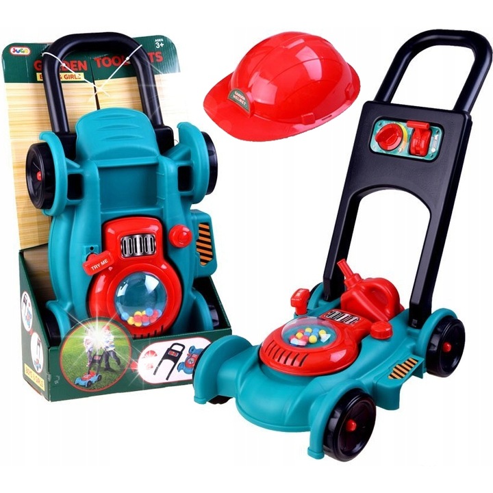 Set jucarie gradinarit, Stator, masina de tuns iarba, casca, canistra, 53x44x28cm, multicolor