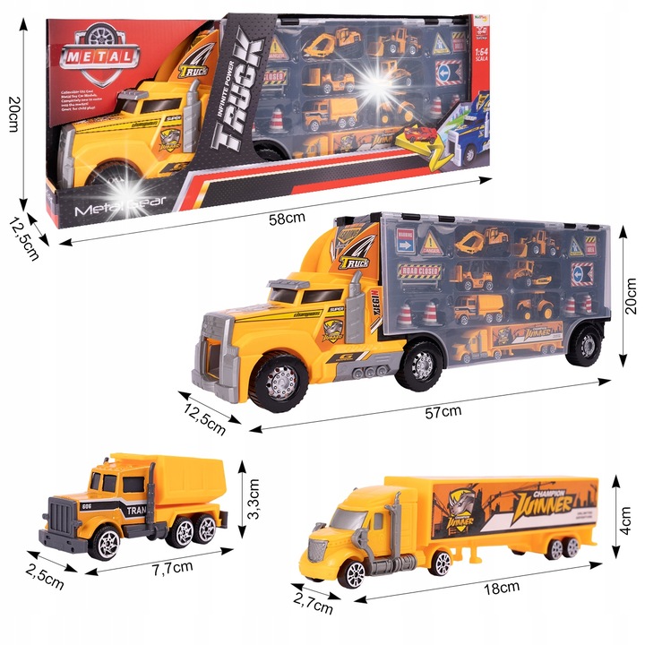 Гигантски ТИР с ремарке и пързалка, Stator, 6 метални строителни превозни средства, 57x20x12см