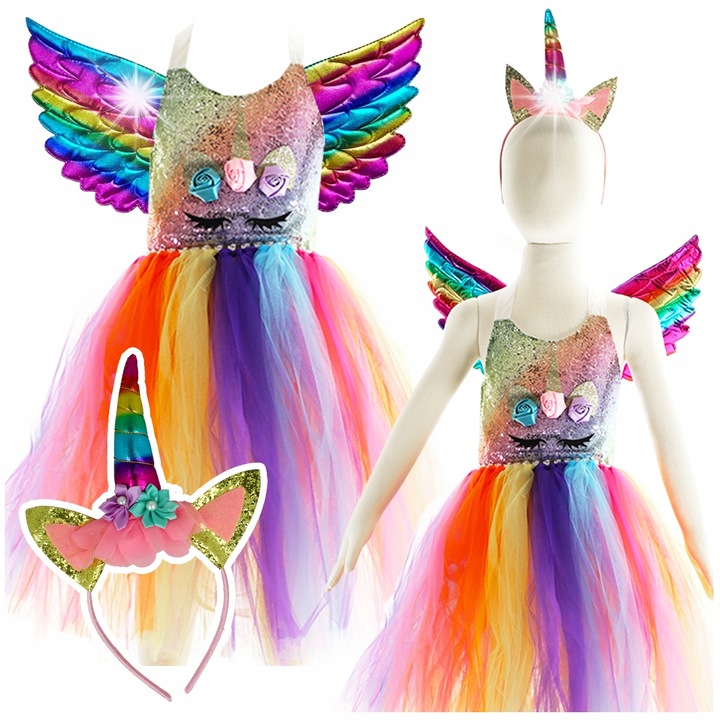 Costum Unicorn cu Fusta, Aripi si Bentita, Set 3w1, Roz, Marimea L