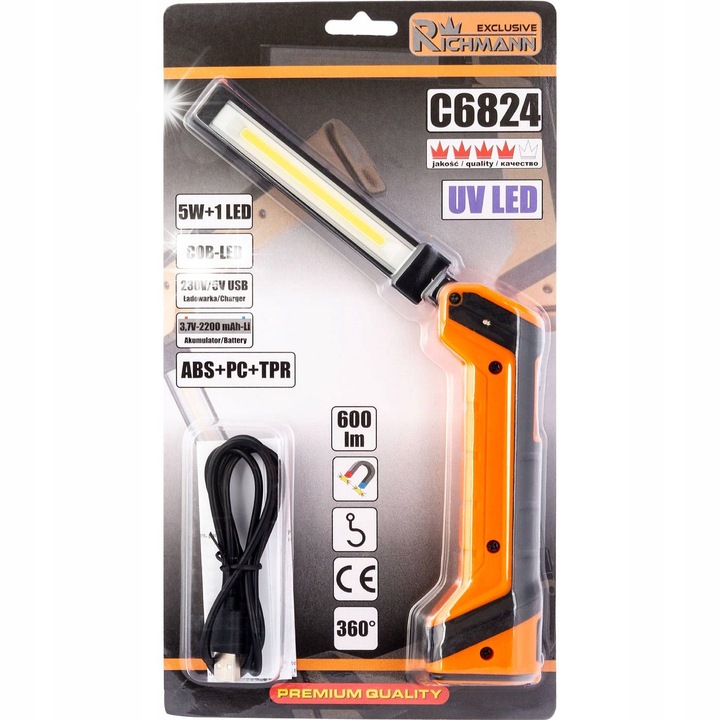 Lampa LED de lucru, Richmann, pliabila, 600 lm, cu magnet, 2200 mAh, 310x170mm, portocaliu/negru