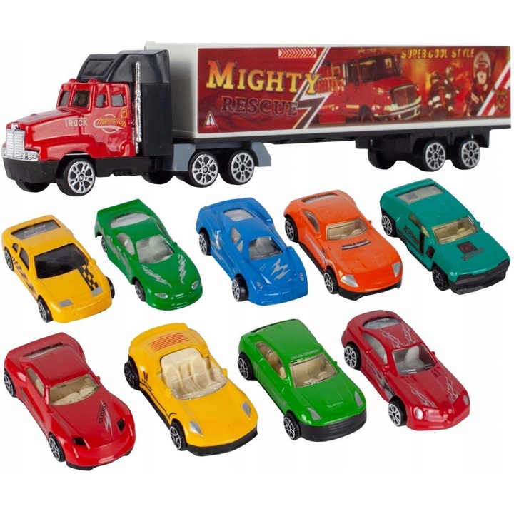 Tir cu remorca 63cm, Stator, 11 masinute metalice, accesorii rutiere