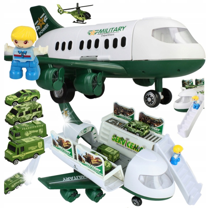 Set avion militar pliabil cu parcare, 4 masini, elicopter, Stator, 39x37x20,5cm