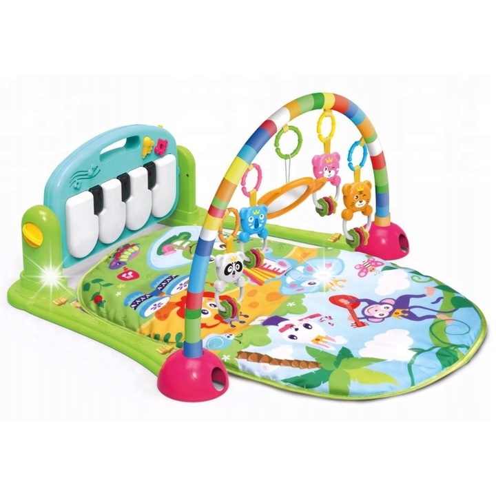 Covor educational interactiv 3 in 1 Stator, cu pianino si jucarii, verde, 71,5x60x45cm