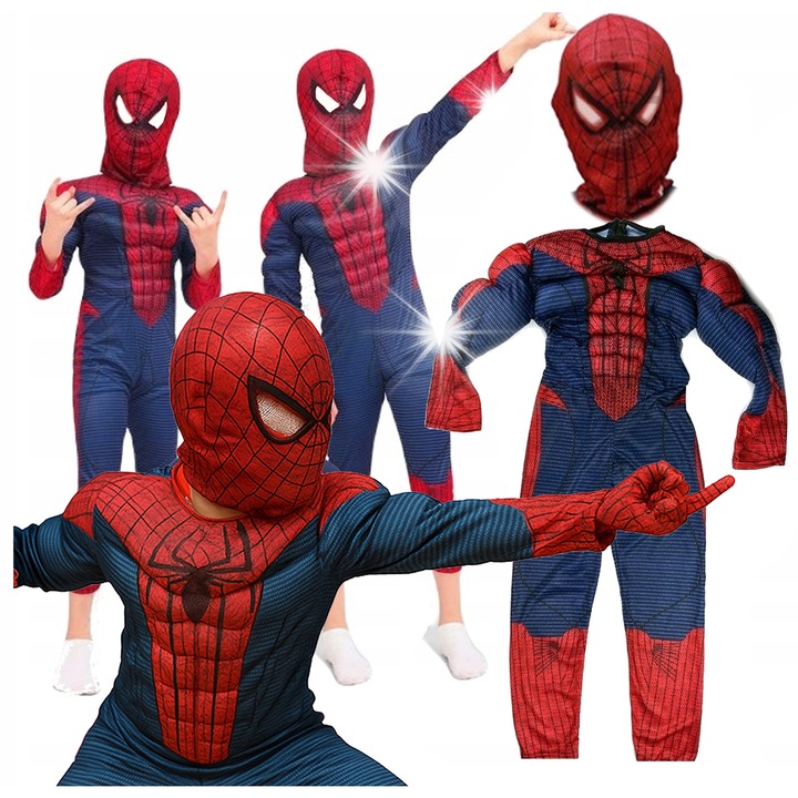 Costum Spiderman pentru copii, set cu masca, 122-128 cm, efect de muschi, elastic in talie