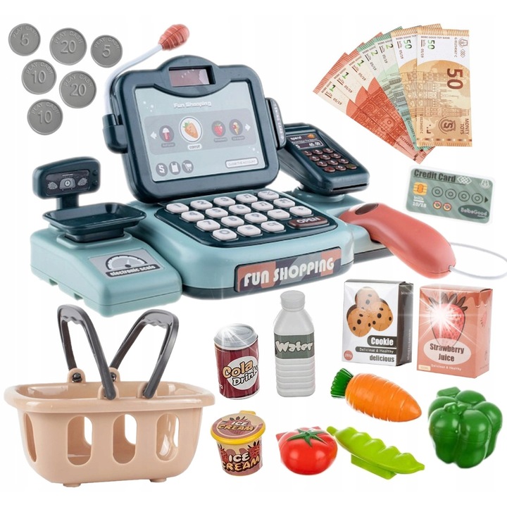 Set joaca supermarket, Stator, casa de marcat interactiva cu sunete, scanner, 9 articole alimentare, 27x16x20cm