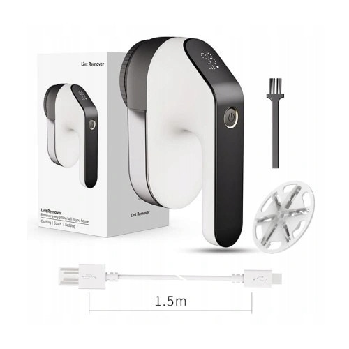 Aparat curatare scame pentru haine Stator, 6 cutite, acumulator 1200mAh, 3 viteze, display LCD, 18x10cm, alb