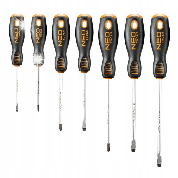 Комплект отвертки NEO, 7 броя, S2, размери 6x150mm, 6x125mm, 5x100mm, 3x75mm, PH2x125mm, PH1x100mm, PH0x75mm