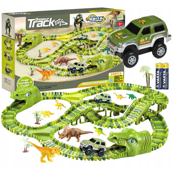 Set Mega Pista de Curse cu Dinozauri, 271 elemente, 360cm, masinuta electrica, multicolor