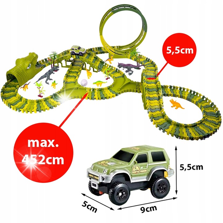 Set Pista Circuit Dinosaur Truck, 260 elemente, 452cm, 2 dinozauri mari, 6 dinozauri mici