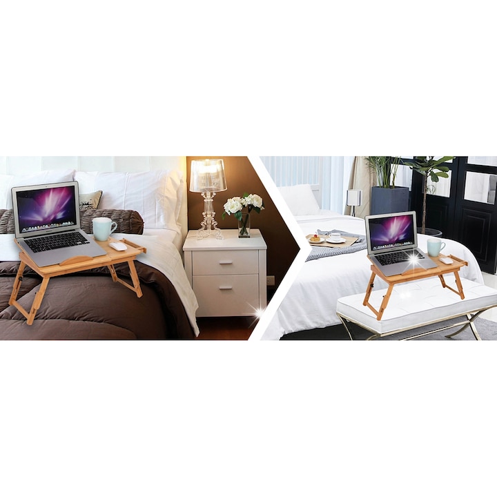 Mesea reglabile din bambus pentru laptop, Stator, 49,5x30cm, 4 niveluri de inaltime, 15"