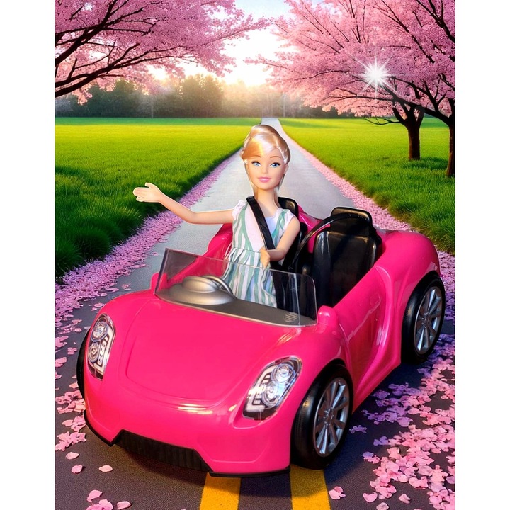 Autó-kabrió készlet, rózsaszín, 2 üléses, babával, 31x18,5x12cm, 3+ éves gyermekeknek