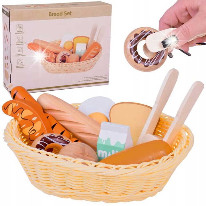 Jokomisiada cukrászati termékek és fakosár szett, 11 részes, többszínű, 22x17,5x6,5cm