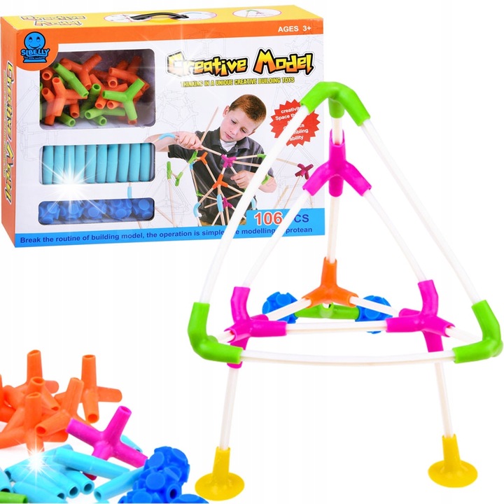 Set de constructie Jokomisiada, 106 elemente, patru tipuri de lungimi, plastic, 37x27,5x7cm