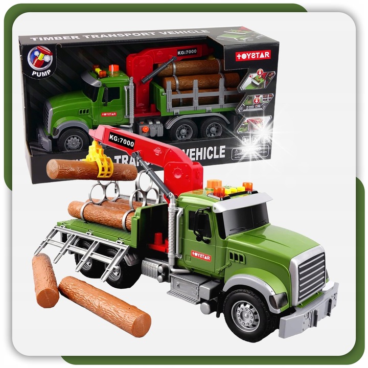 Camion de jucarie cu macara, Stator, 6 busteni, efecte sonore si luminoase, 42x18x11cm