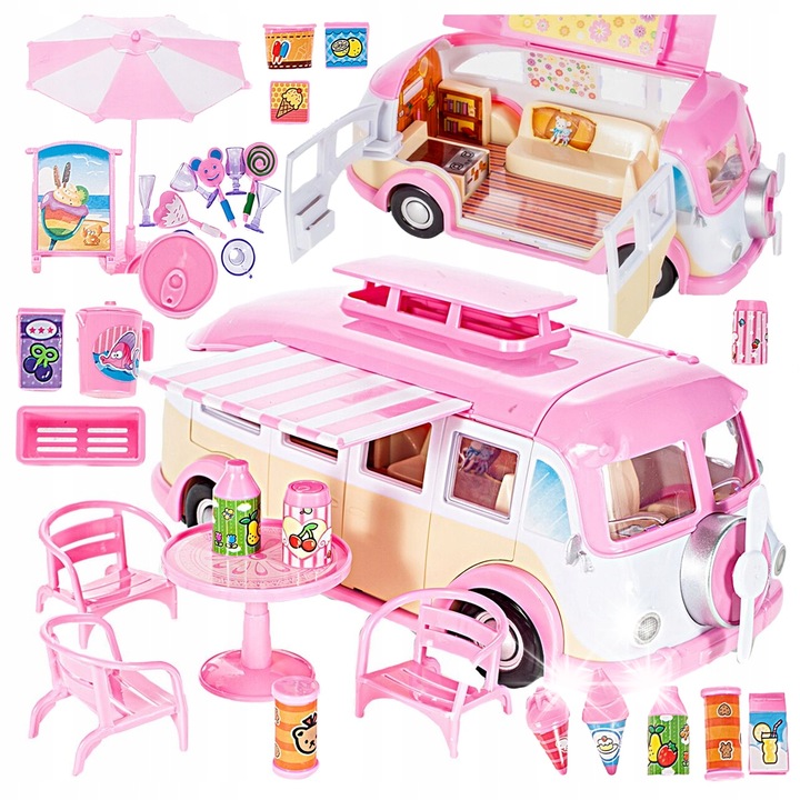 Autobuz camper pentru papusi, Stator, mobila de inghetata, accesorii incluse, roz, 25x11x12cm