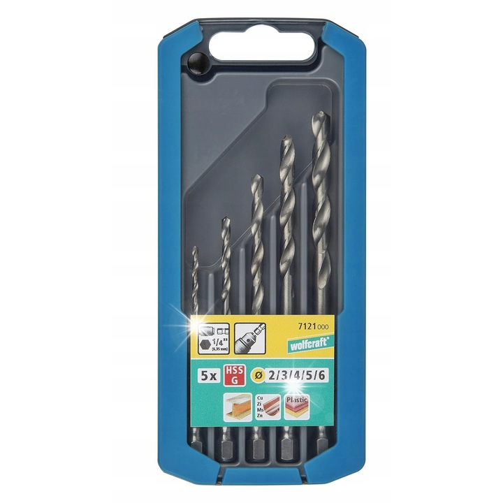Set de burghie pentru metal HSS-G 2-6 mm, Wolfcraft, 6-kat, dimensiuni 2x3x4x5x6 mm