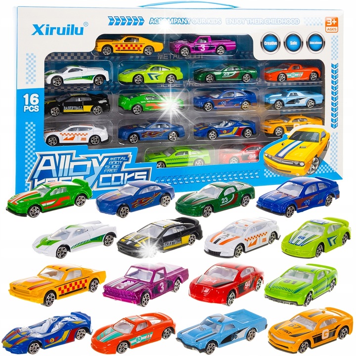 Set masinute metalice Kruzzel 1:64, 16 bucati, culori atractive, 3x7,5x2cm