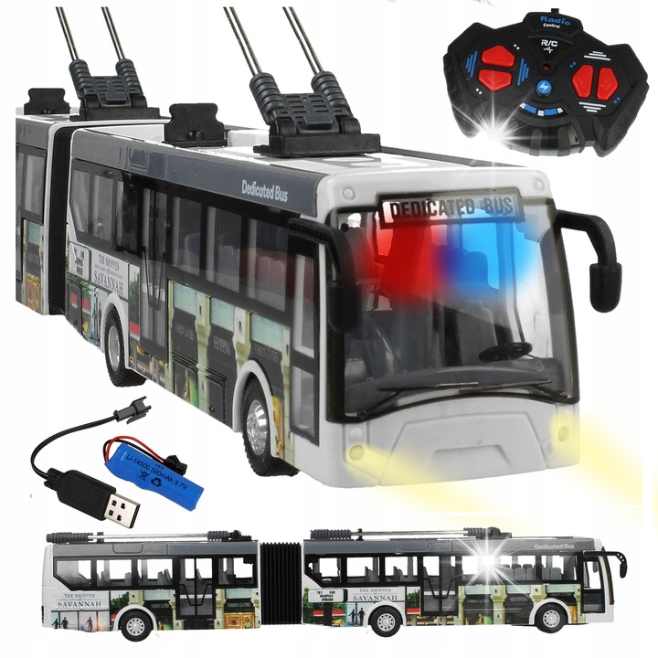 Troleibuz Zdalnic Stator, 36x6,5x5cm, LED, set cu acumulator 3,7V, pentru copii 3+ ani