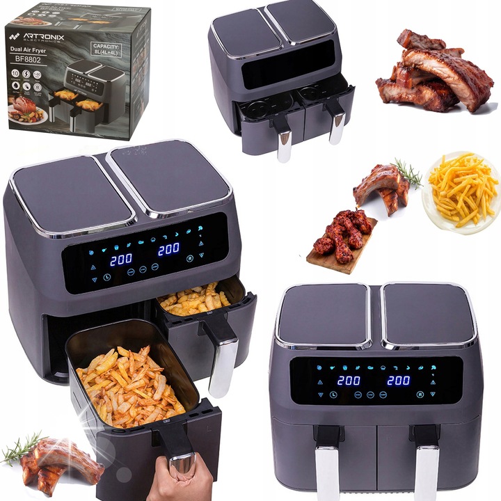 Friteuză fără ulei 8L, 2800W, tehnologie convențională, set cu două compartimente, alb, 28,5x36,5x33,5cm