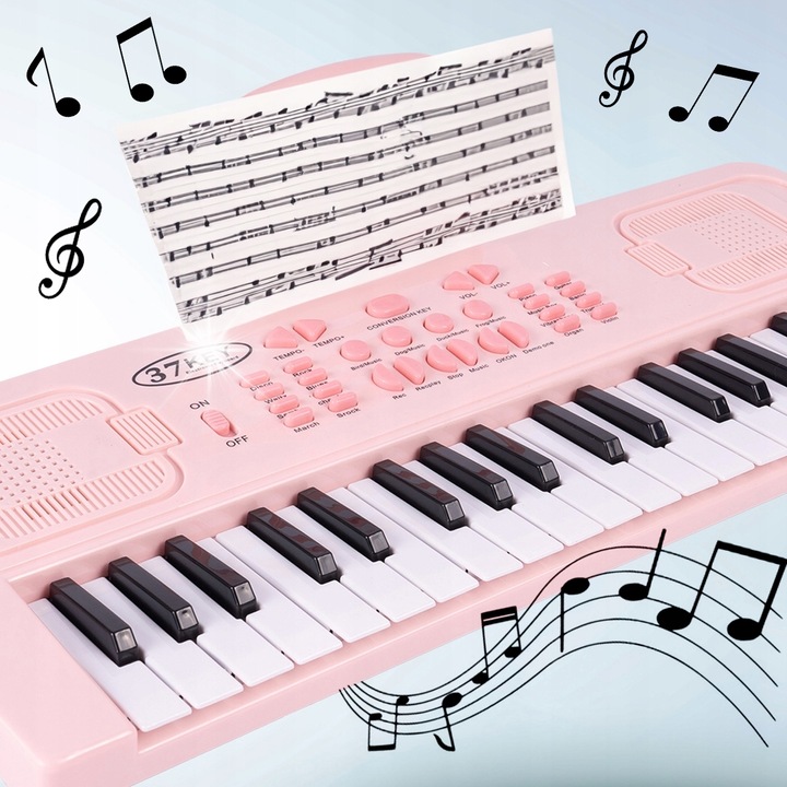 Pianino electronic pentru copii cu microfon, 37 clape, 16 butoane functionale, Stator, 43x16,5x12,5cm