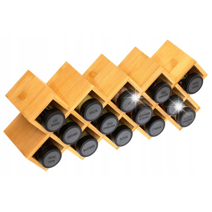Organizator pentru condimente din lemn, Bajkowy Kuferek, set 14 borcanele din sticla, etichete autocolante, 31x19cm