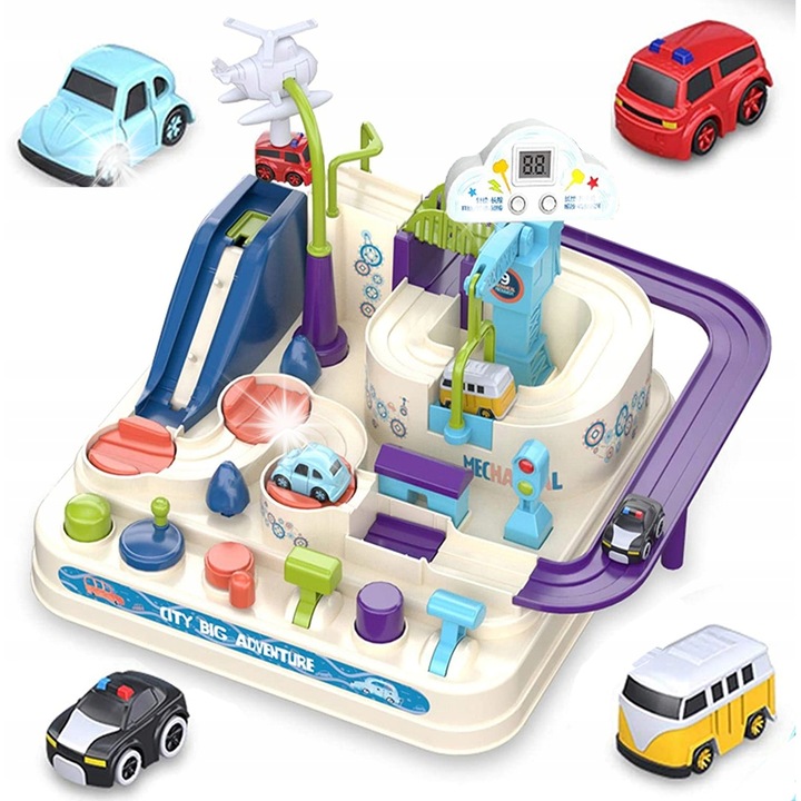 Set de jucarii interactive, Stator, tor cu obstacole si 4 masinute, 26x27x20cm, plastic, pentru copii de la 3 ani