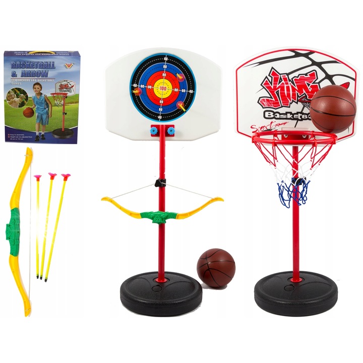 Kosárlabda szett kosárral, labdával, íjjal és nyilakkal, 146cm, 40x31cm, 25cm, 14cm, 46x10cm, 3 nyíl 27cm