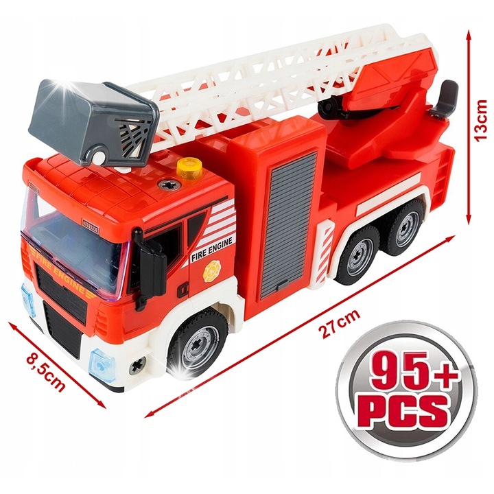 Set interactiv de constructie, masina de pompieri, 95 elemente, efecte sonore si luminoase, 8,5x27x13cm