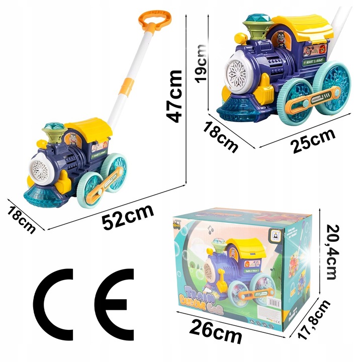 Buborékfújó vonat, álló, zenével és LED fényekkel, 25x19x18cm, 2 üveg oldattal