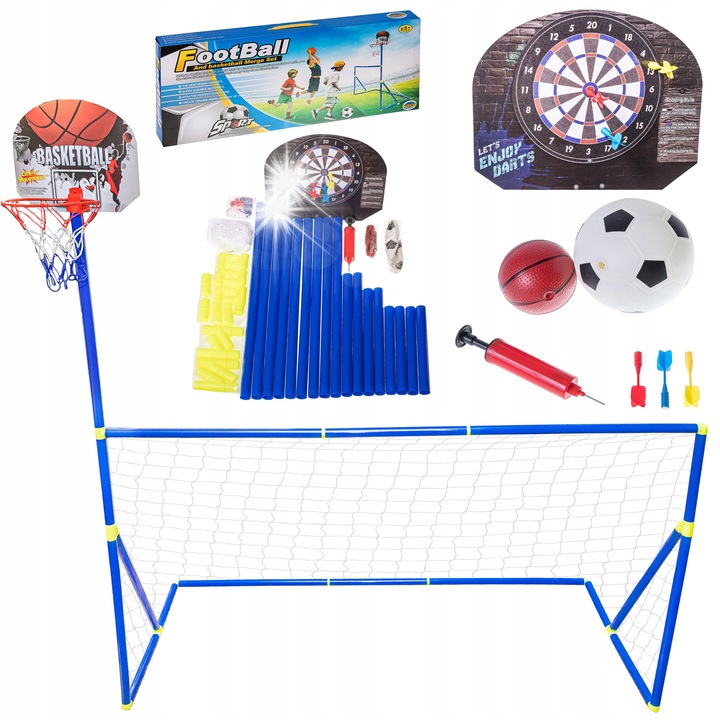 Комплект за баскетбол, преносима стойка, футболна топка, баскетболна топка, 3 дартс ракети, размери на стойката 120x80x40cm