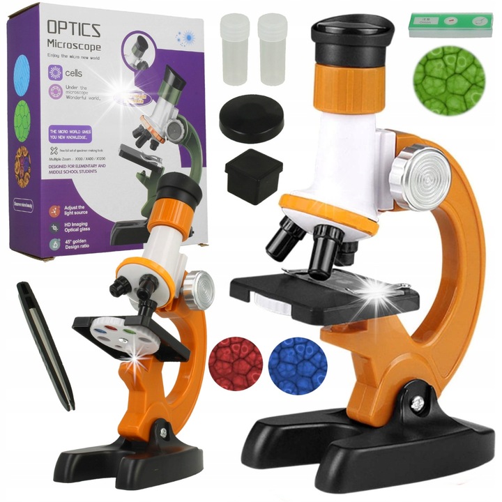 Microscop educational Stator, 3 moduri de marire 100x/400x/1200x, cu filtre colorate, portabil, 12x7,5x21cm, set complet pentru copii