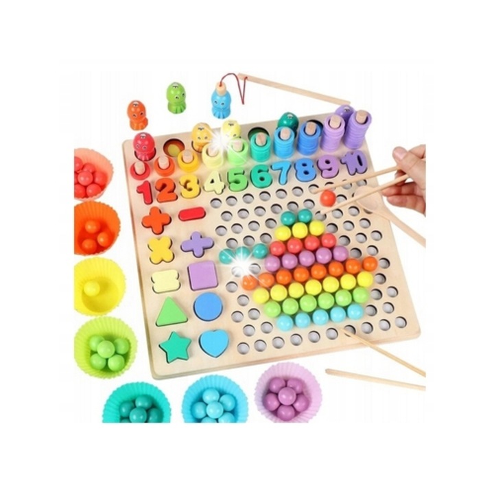 Tabla logaritmica Montessori XXL din lemn, joc educativ, 55 bile colorate, 30x30x7.5cm