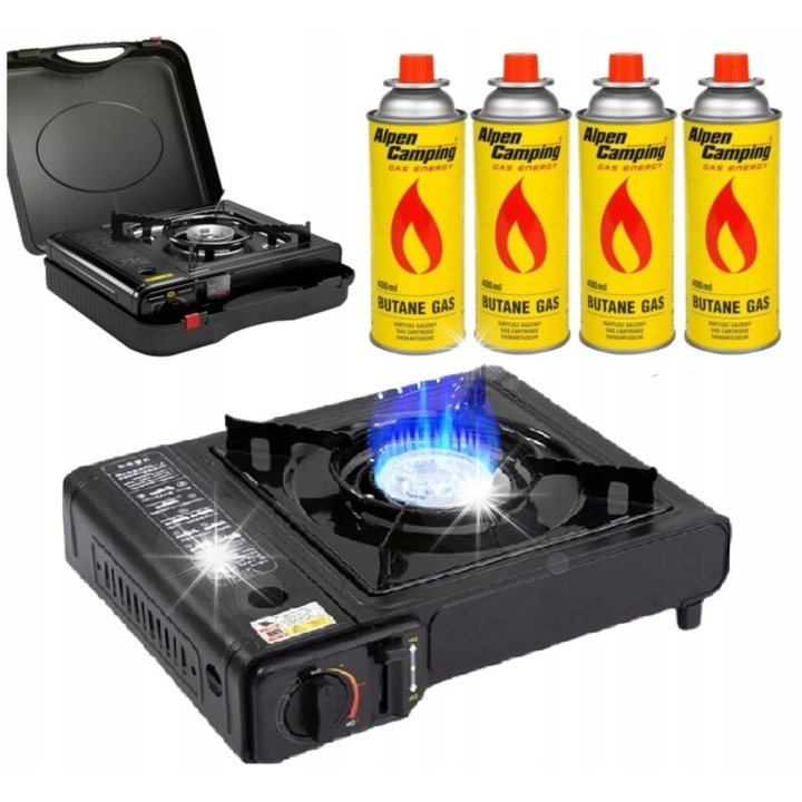Kemping főzőlap, 2 az 1-ben, 2500W, lángszabályozás, 34x25x8,5cm, 4 gázpatronnal