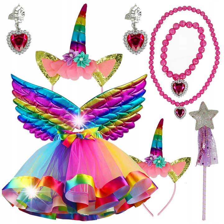 Costum de Imbracaminte pentru Copii, Stator, Zana Unicorn, Set 8 in 1, Fusta Tutu Colorata, Accesorii Inclusiv, Multicolor, Marime Universala