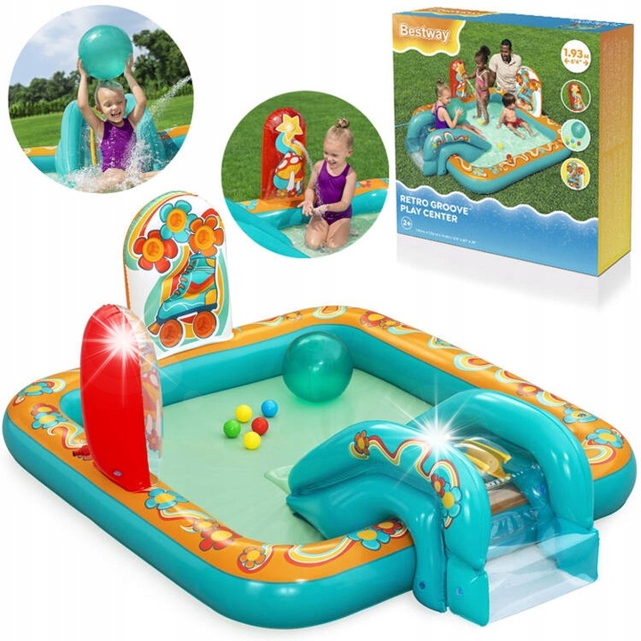 Bestway felfújható játszótér, csúszdával, szökőkúttal, 193x152x74cm, 2+ év, labdakészlettel